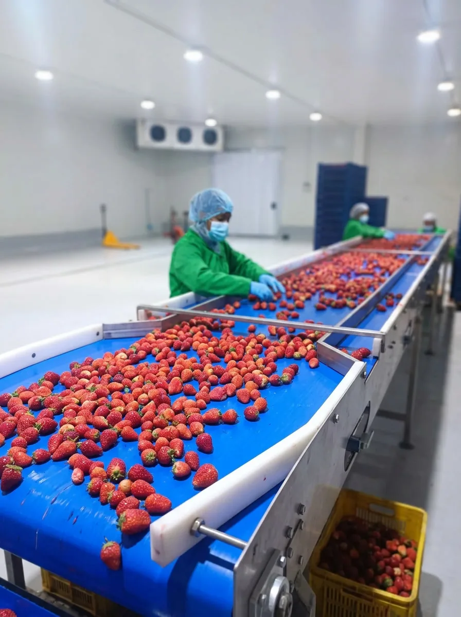 Workers grading strawberries on the sorting line