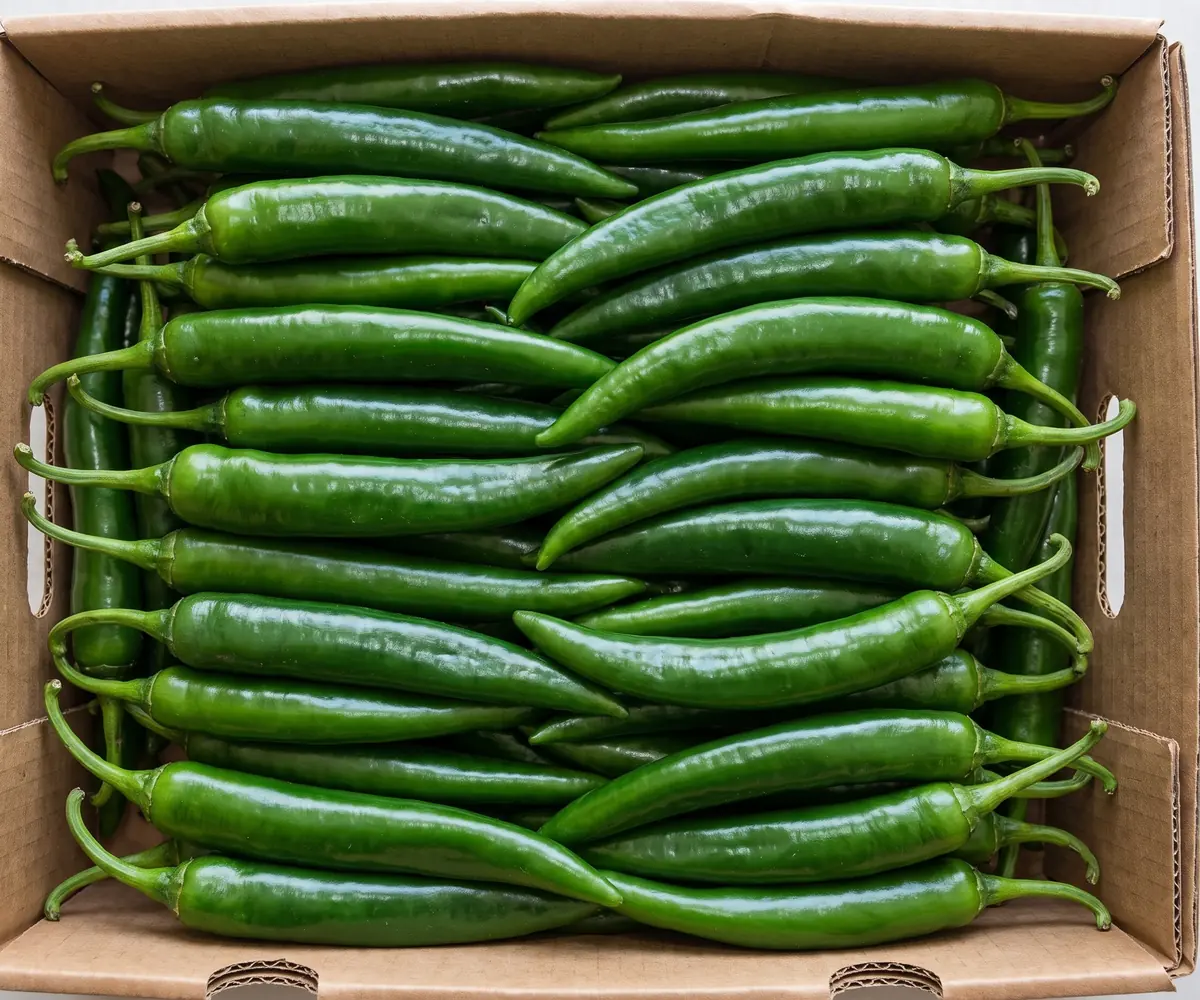 Fresh Egyptian green hot peppers in an export carton